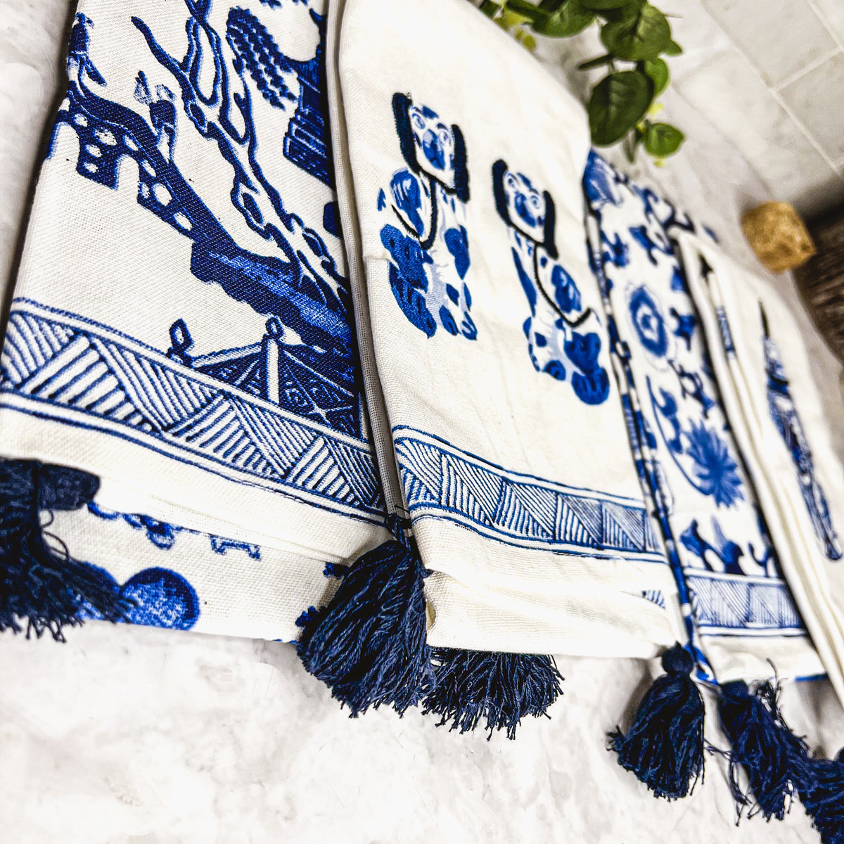 Chinoiserie Tea Towels 100% Cotton Oversized Embroidered Dish Towels Tassels BandsCo Straps
