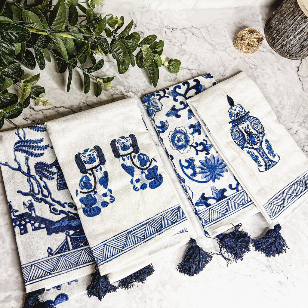Chinoiserie Tea Towels 100% Cotton Oversized Embroidered Dish Towels Tassels BandsCo Straps