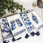 Chinoiserie Tea Towels 100% Cotton Oversized Embroidered Dish Towels Tassels BandsCo Straps