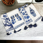 Chinoiserie Tea Towels 100% Cotton Oversized Embroidered Dish Towels Tassels BandsCo Straps