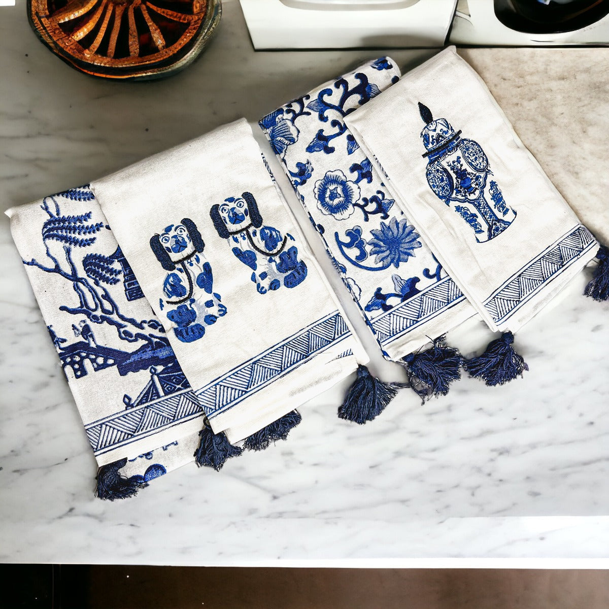 Chinoiserie Tea Towels 100% Cotton Oversized Embroidered Dish Towels Tassels BandsCo Straps