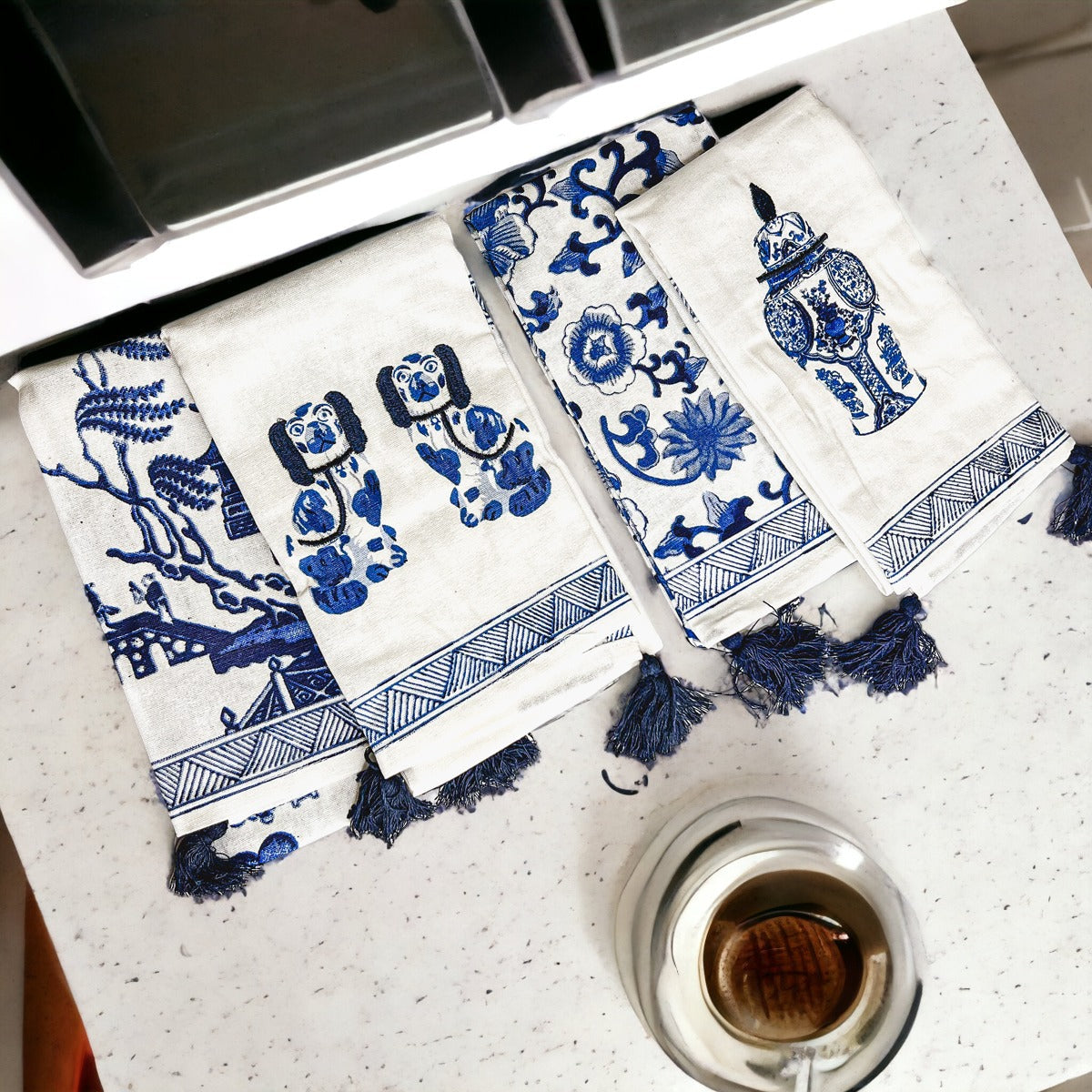 Chinoiserie Tea Towels 100% Cotton Oversized Embroidered Dish Towels Tassels BandsCo Straps