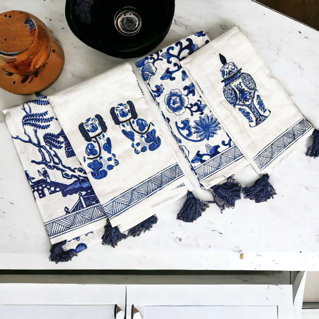 Chinoiserie Tea Towels 100% Cotton Oversized Embroidered Dish Towels Tassels BandsCo Straps
