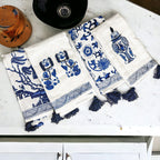 Chinoiserie Tea Towels 100% Cotton Oversized Embroidered Dish Towels Tassels BandsCo Straps