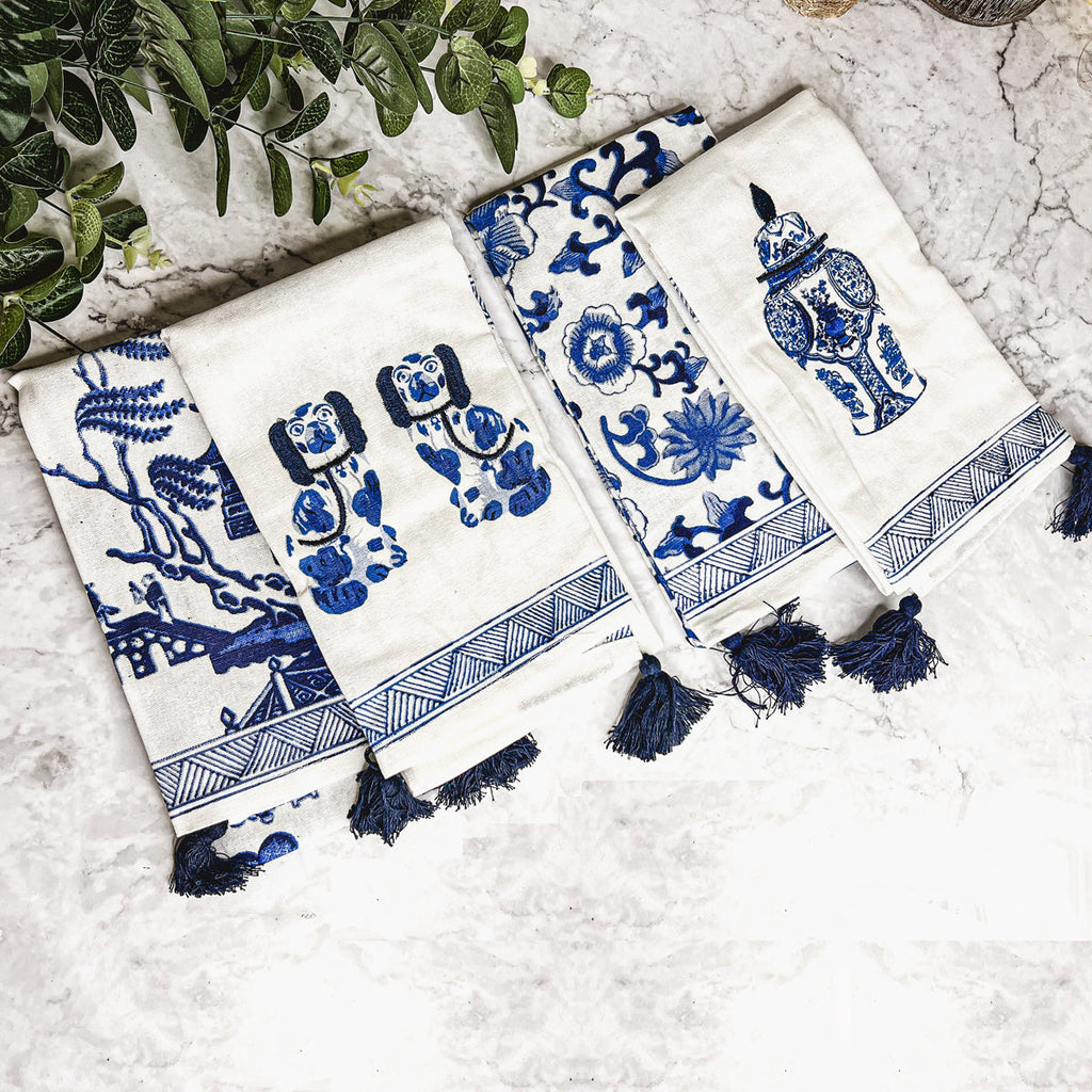 Chinoiserie Tea Towels 100% Cotton Oversized Embroidered Dish Towels Tassels BandsCo Straps