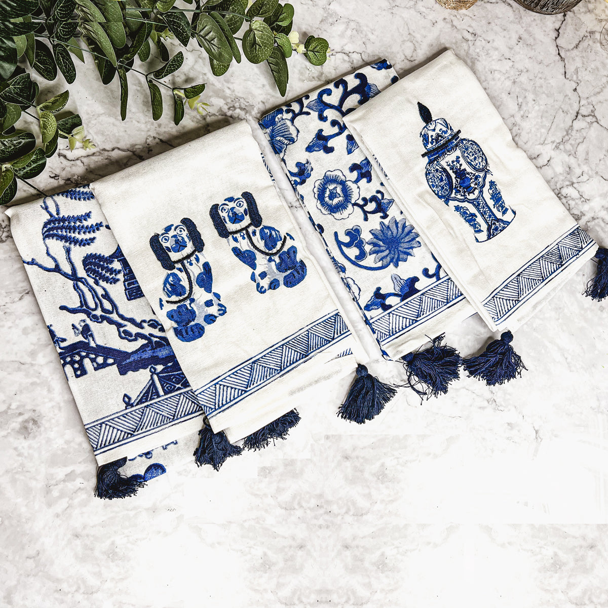 Chinoiserie Tea Towels 100% Cotton Oversized Embroidered Dish Towels Tassels BandsCo Straps
