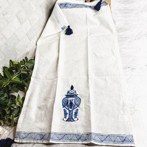 Chinoiserie Tea Towels 100% Cotton Oversized Embroidered Dish Towels Tassels BandsCo Straps