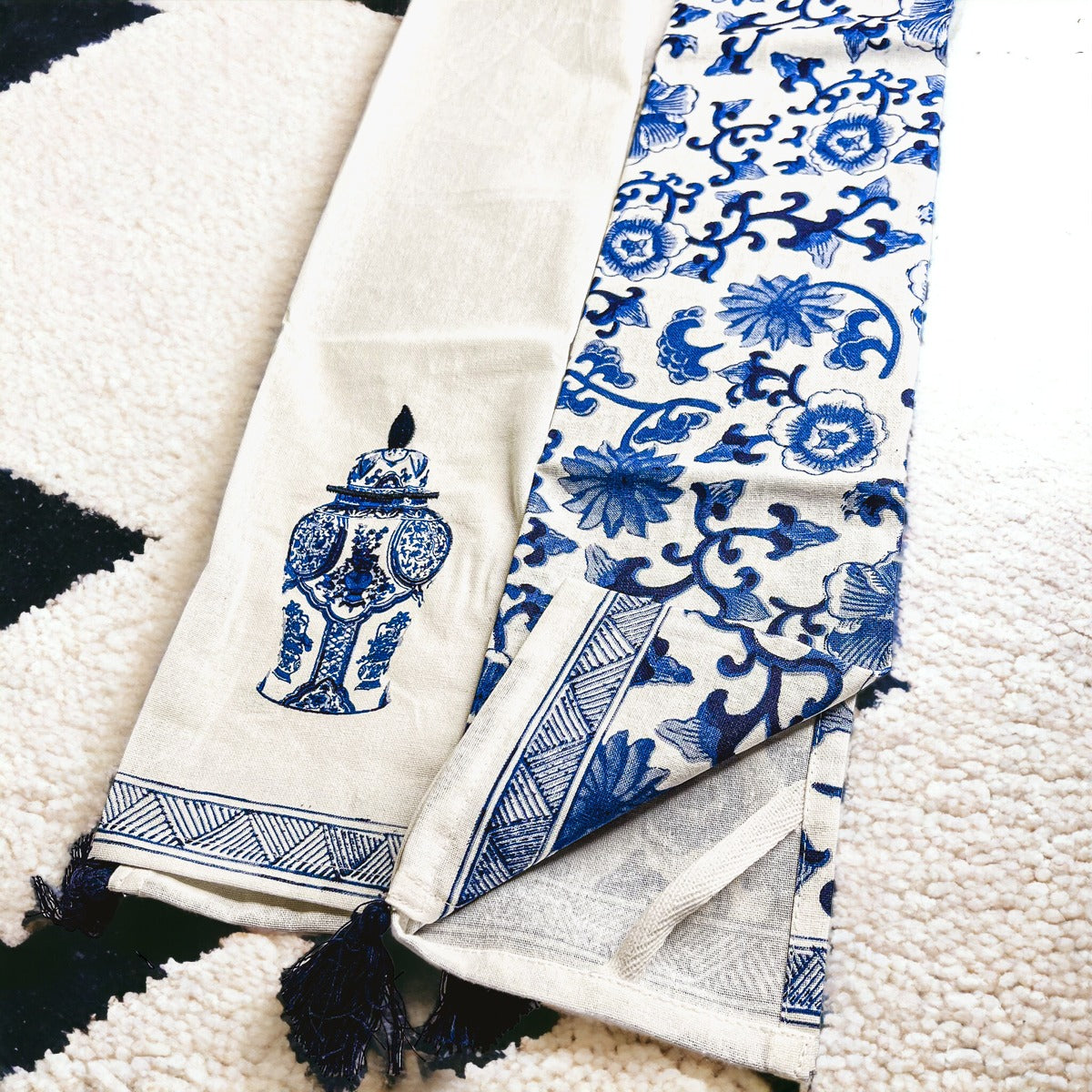 Chinoiserie Tea Towels 100% Cotton Oversized Embroidered Dish Towels Tassels BandsCo Straps