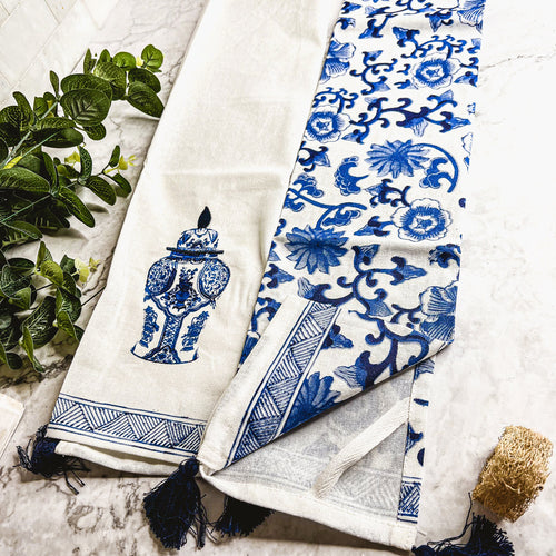 Chinoiserie Tea Towels 100% Cotton Oversized Embroidered Dish Towels Tassels BandsCo Straps