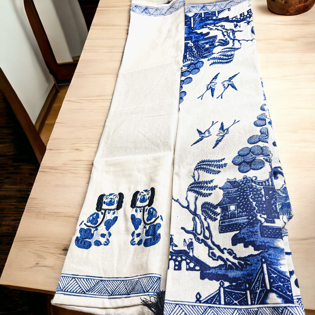 Chinoiserie Tea Towels 100% Cotton Oversized Embroidered Dish Towels Tassels BandsCo Straps