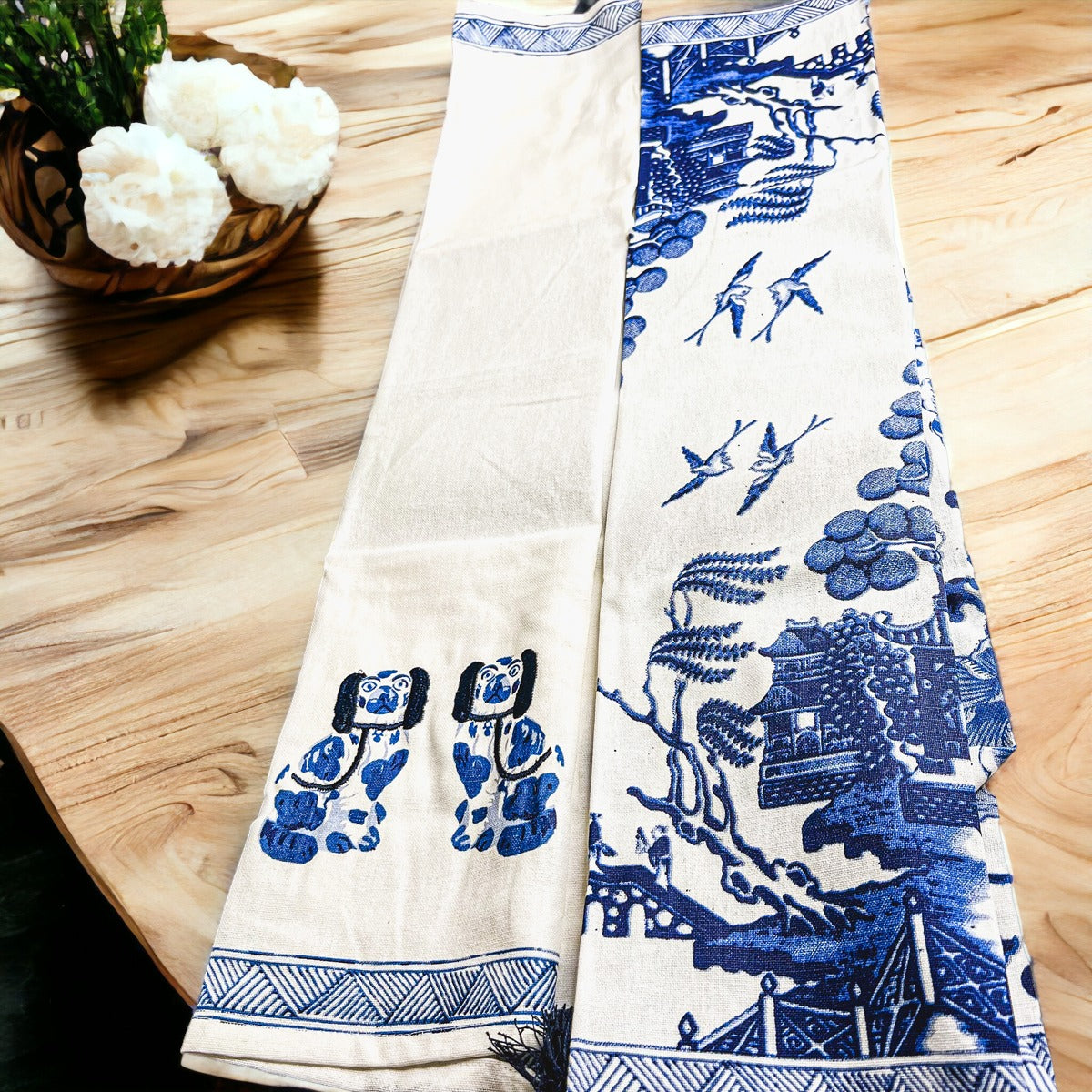 Chinoiserie Tea Towels 100% Cotton Oversized Embroidered Dish Towels Tassels BandsCo Straps