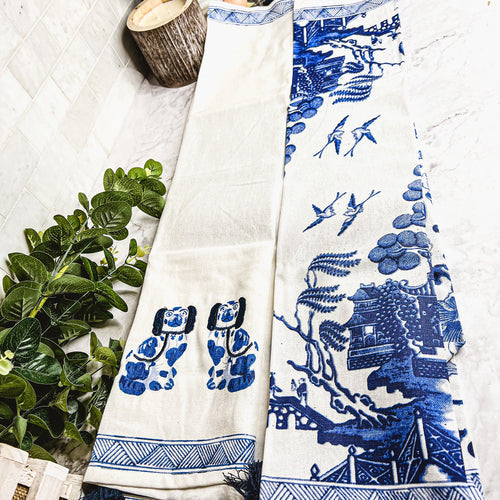 Chinoiserie Tea Towels 100% Cotton Oversized Embroidered Dish Towels Tassels BandsCo Straps