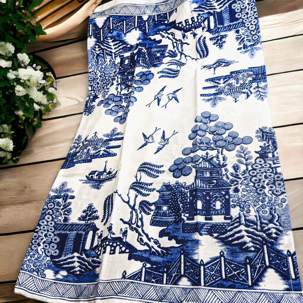Chinoiserie Tea Towels 100% Cotton Oversized Embroidered Dish Towels Tassels BandsCo Straps
