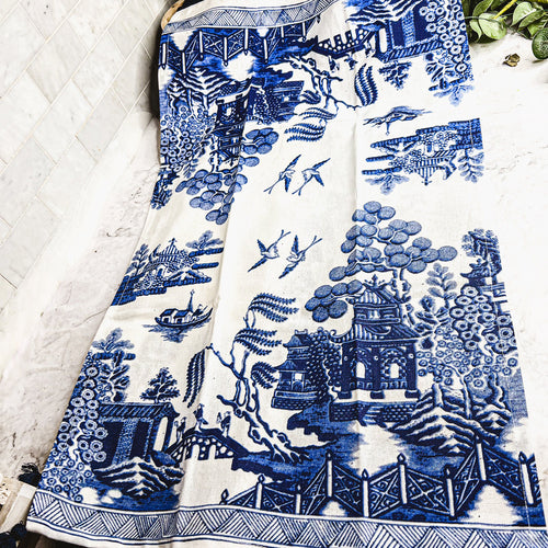 Chinoiserie Tea Towels 100% Cotton Oversized Embroidered Dish Towels Tassels BandsCo Straps