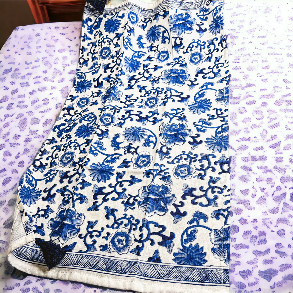 Chinoiserie Tea Towels 100% Cotton Oversized Embroidered Dish Towels Tassels BandsCo Straps