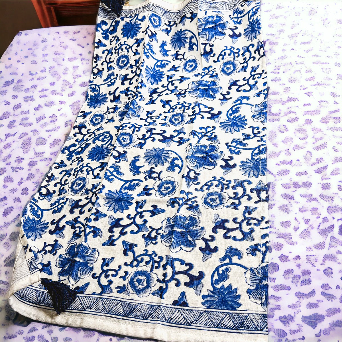 Chinoiserie Tea Towels 100% Cotton Oversized Embroidered Dish Towels Tassels BandsCo Straps