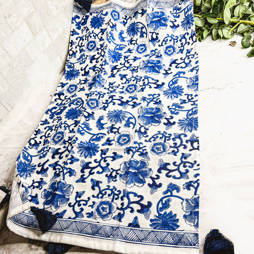 Chinoiserie Tea Towels 100% Cotton Oversized Embroidered Dish Towels Tassels BandsCo Straps