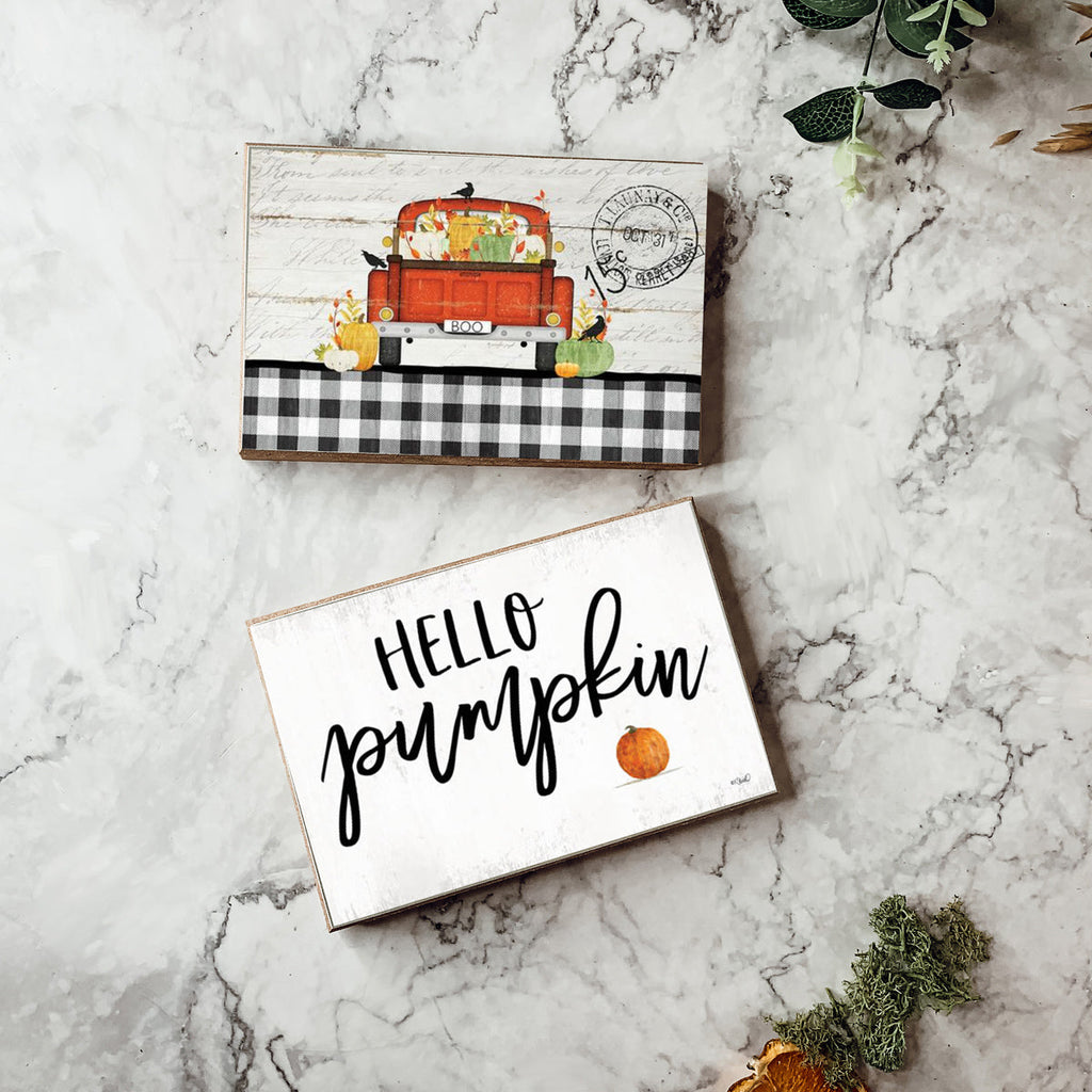 Hello Pumpkin Rustic Wood Sign 6x4 Fall Home Decor Off White Black Script BandsCo Straps