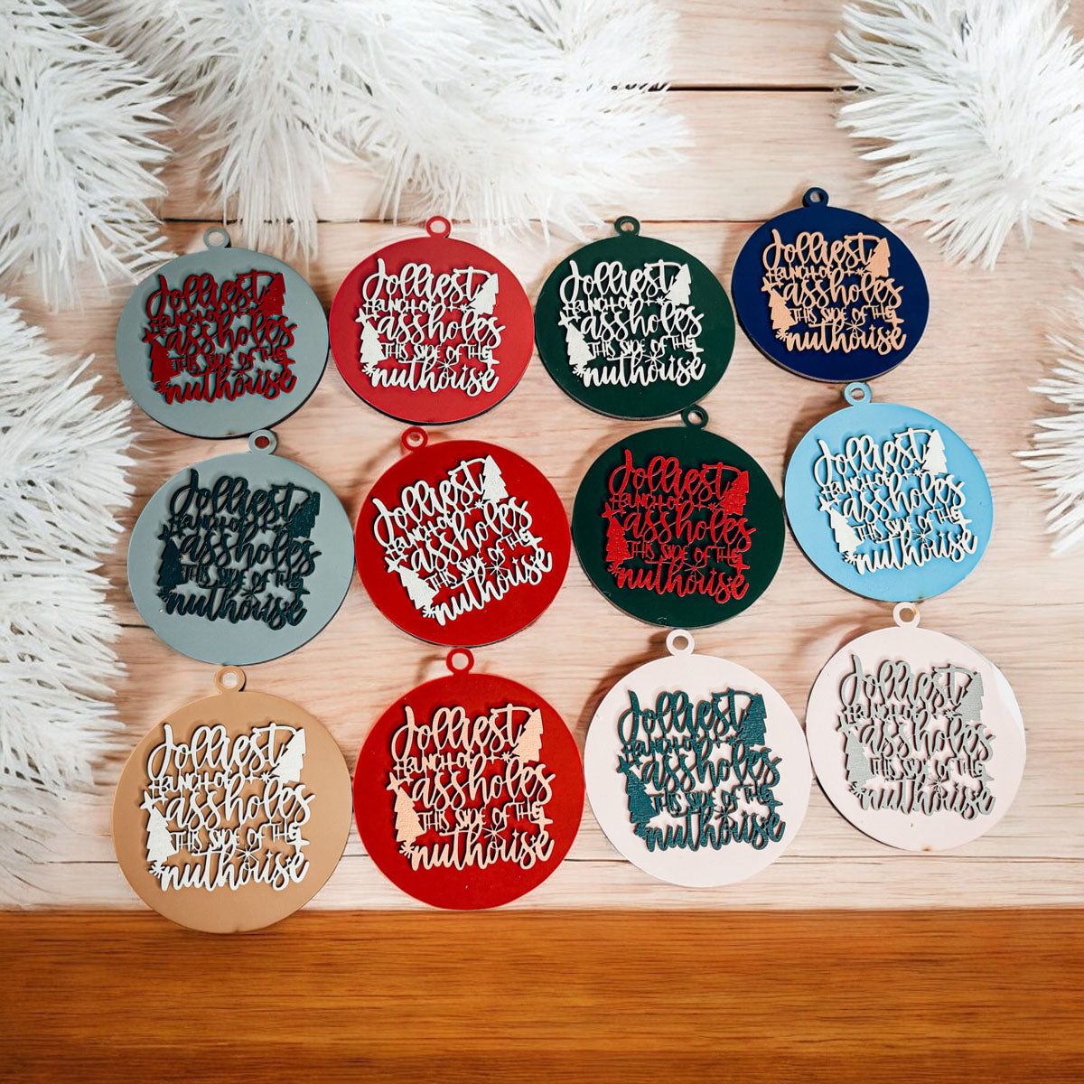 Imperfect Jolliest Handcrafted Wooden 3D Christmas Ornament Set Limited Edition Tree Decor BandsCo Straps