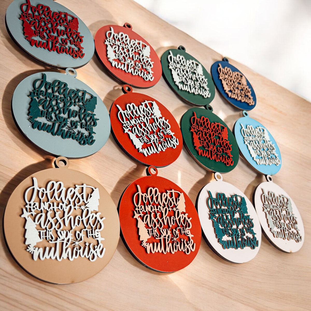Imperfect Jolliest Handcrafted Wooden 3D Christmas Ornament Set Limited Edition Tree Decor BandsCo Straps