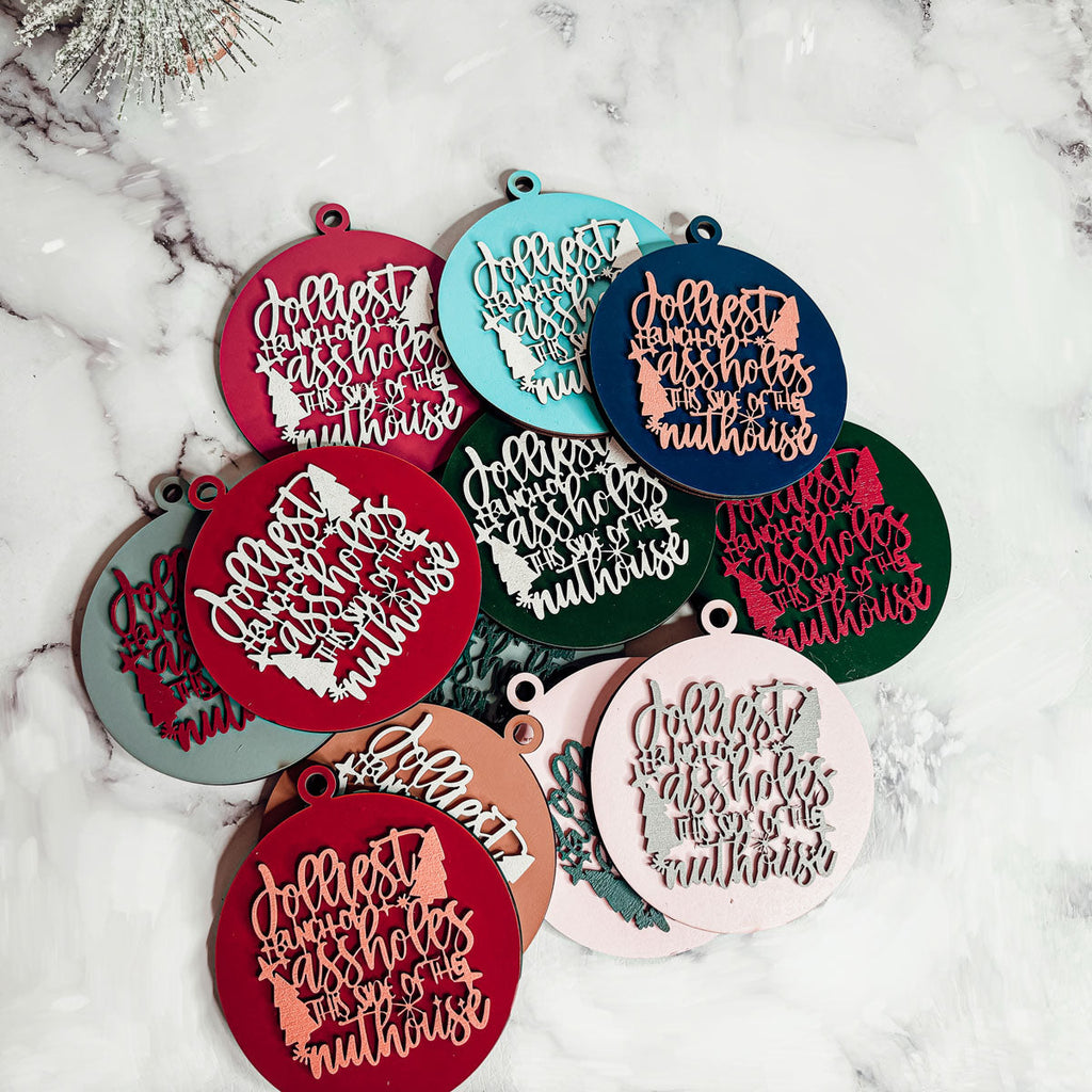 Imperfect Jolliest Handcrafted Wooden 3D Christmas Ornament Set Limited Edition Tree Decor BandsCo Straps