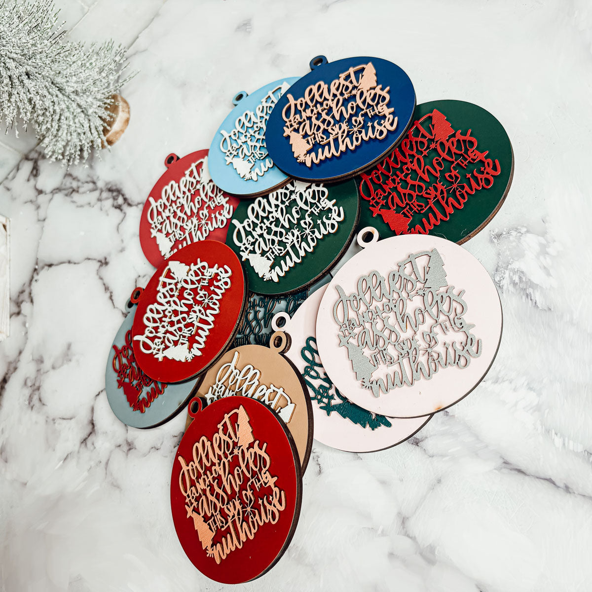Imperfect Jolliest Handcrafted Wooden 3D Christmas Ornament Set Limited Edition Tree Decor BandsCo Straps