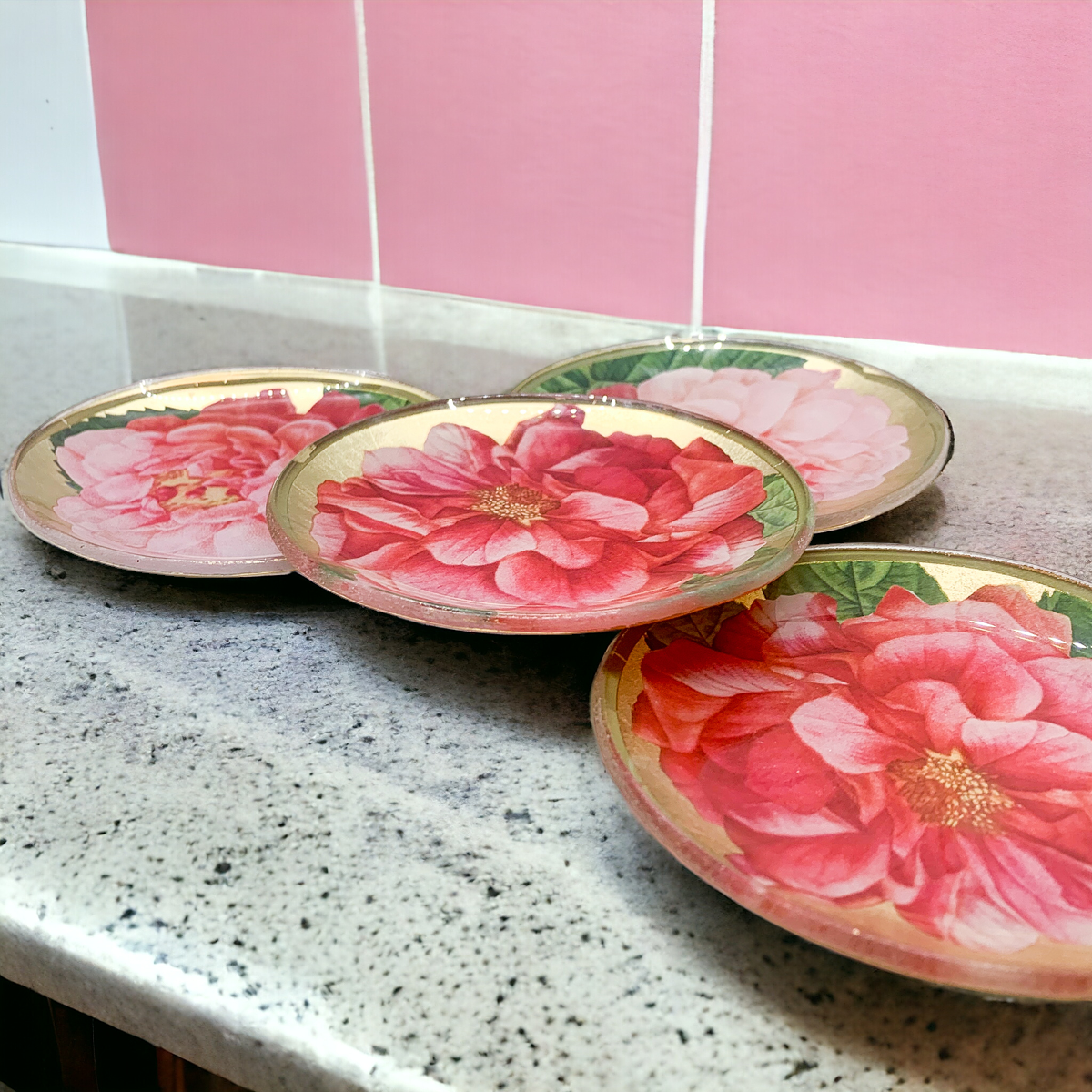 Rose Decoupage Trinket Tray Gold Leaf Vintage Jewelry Dish Coaster BandsCo Straps