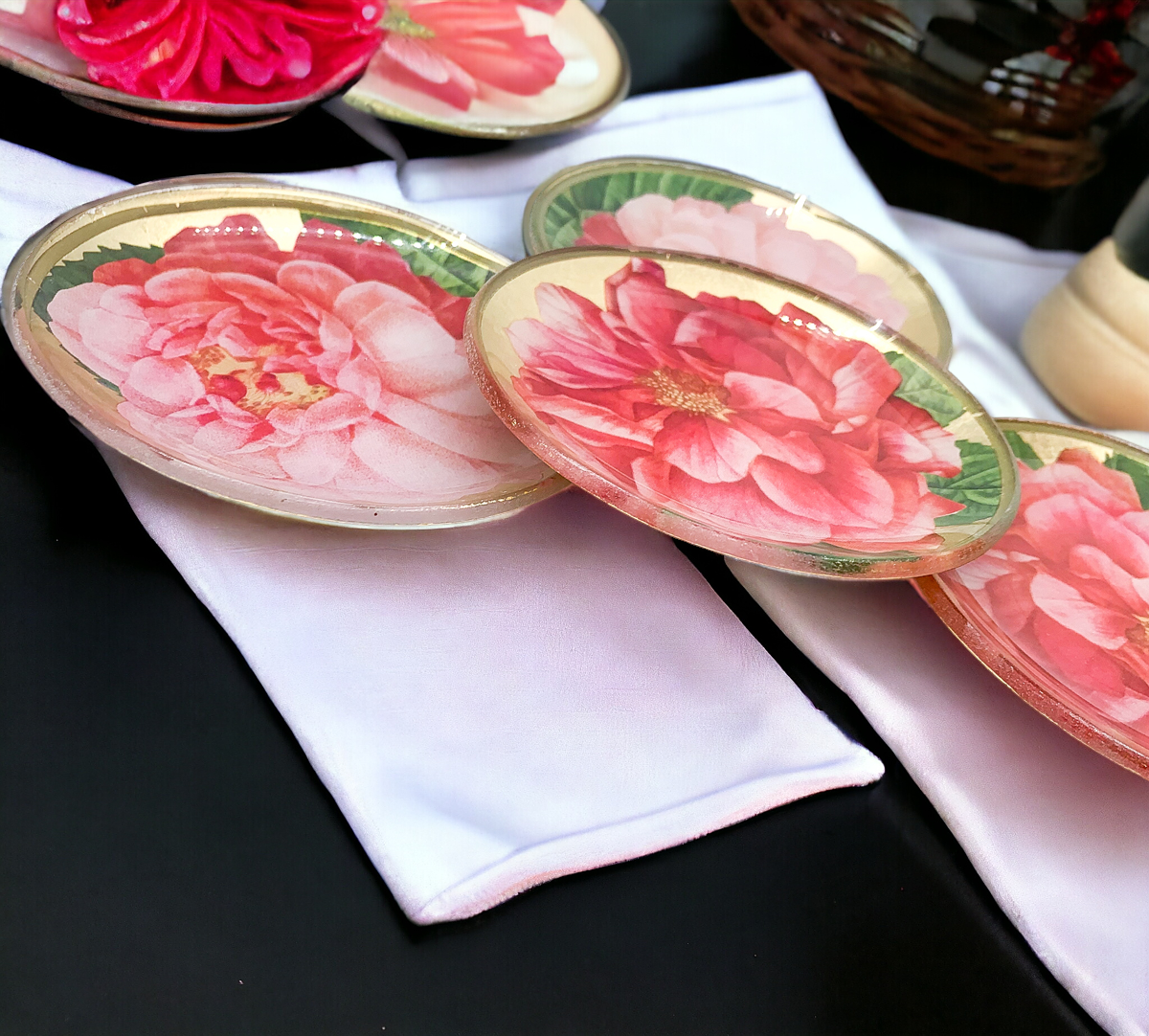 Rose Decoupage Trinket Tray Gold Leaf Vintage Jewelry Dish Coaster BandsCo Straps