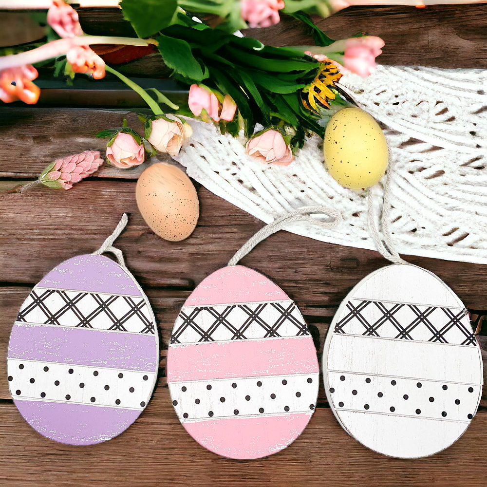 Easter Wooden Hanging Ornaments Set Rustic Spring Home Decor Bunny Egg Chick Handmade BandsCo Straps
