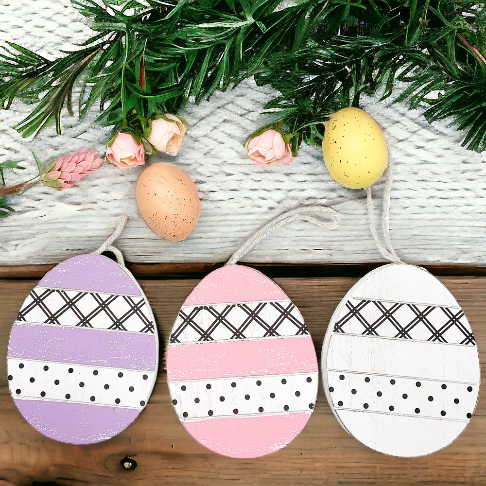 Easter Wooden Hanging Ornaments Set Rustic Spring Home Decor Bunny Egg Chick Handmade BandsCo Straps