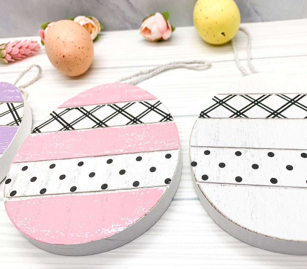 Easter Wooden Hanging Ornaments Set Rustic Spring Home Decor Bunny Egg Chick Handmade BandsCo Straps