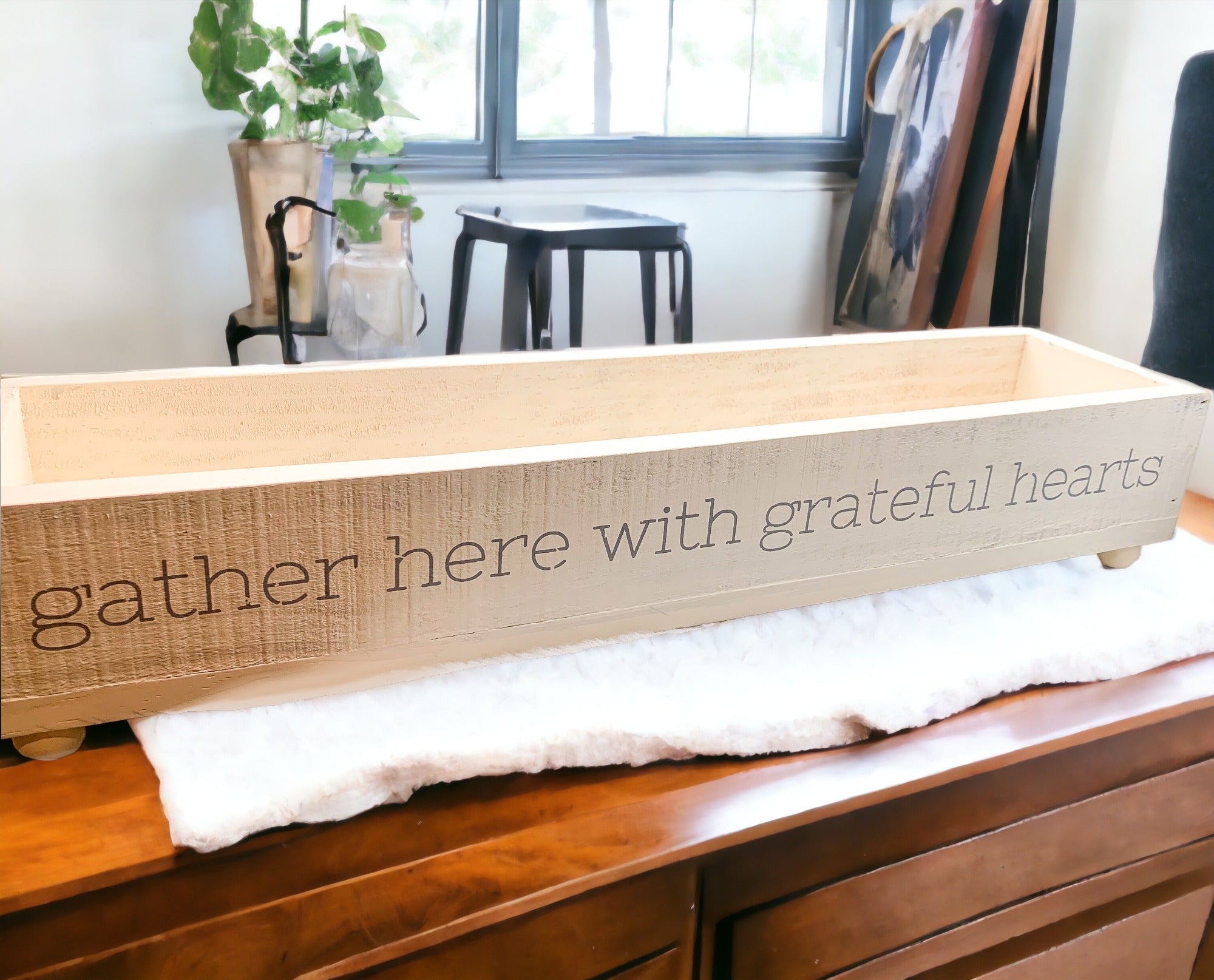 Gather Wooden Tray Long Box Centerpiece 20x12 Rustic Handmade Planter Decorative Storage BandsCo Straps