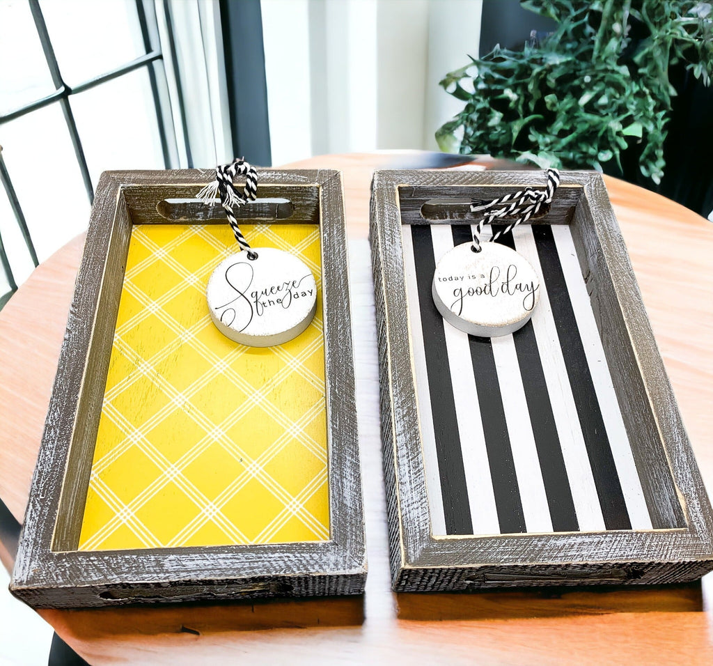Farmhouse Modern Wooden Tray Black White Striped Decorative Serving Tray 10 x 6 x 1.5 Inch BandsCo Straps