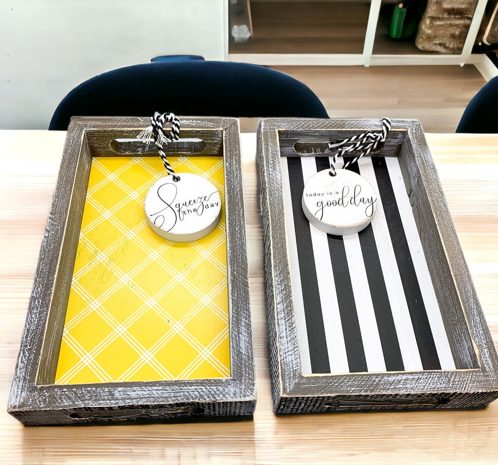 Farmhouse Modern Wooden Tray Black White Striped Decorative Serving Tray 10 x 6 x 1.5 Inch BandsCo Straps