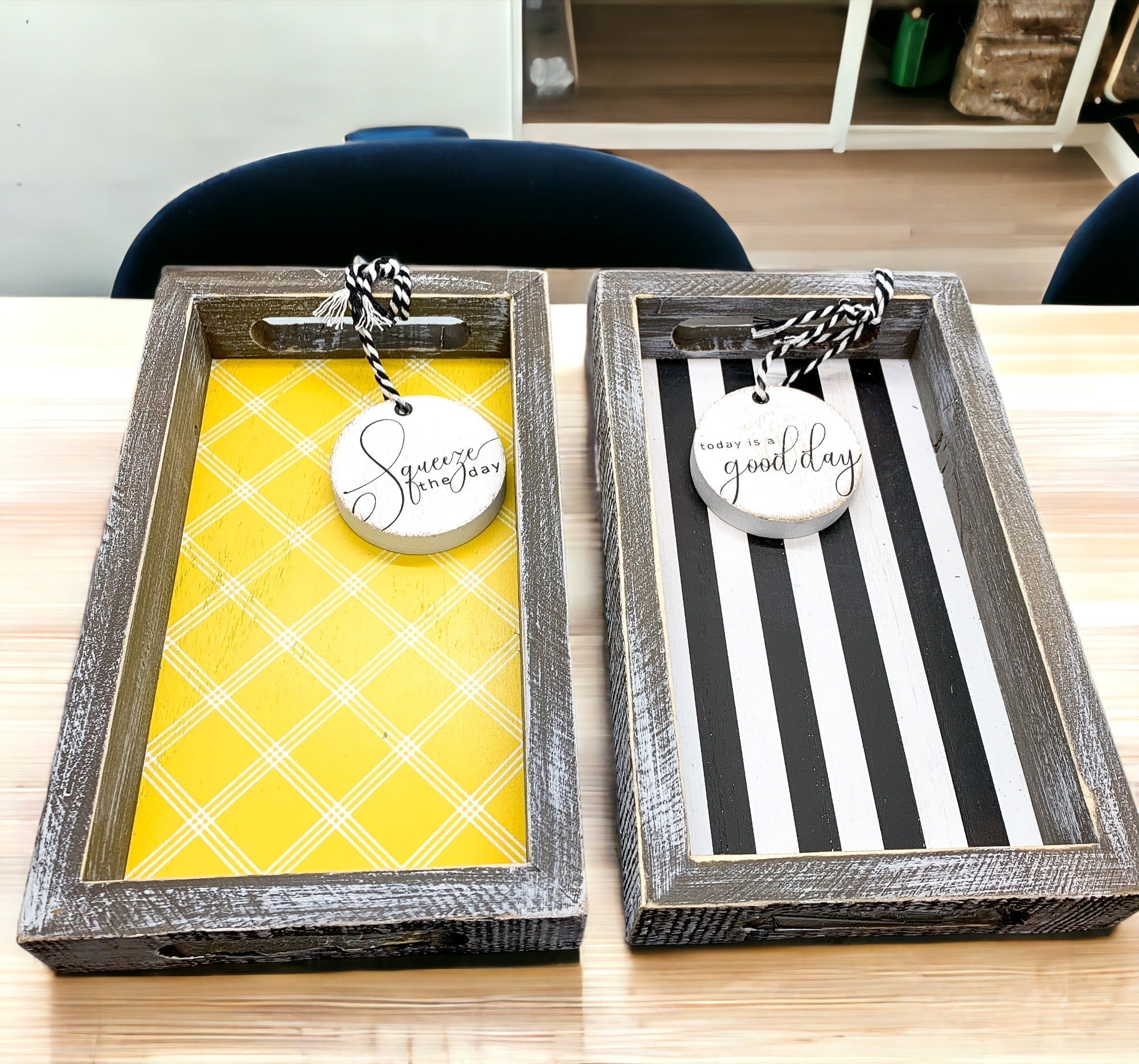 Farmhouse Modern Wooden Tray Black White Striped Decorative Serving Tray 10 x 6 x 1.5 Inch BandsCo Straps