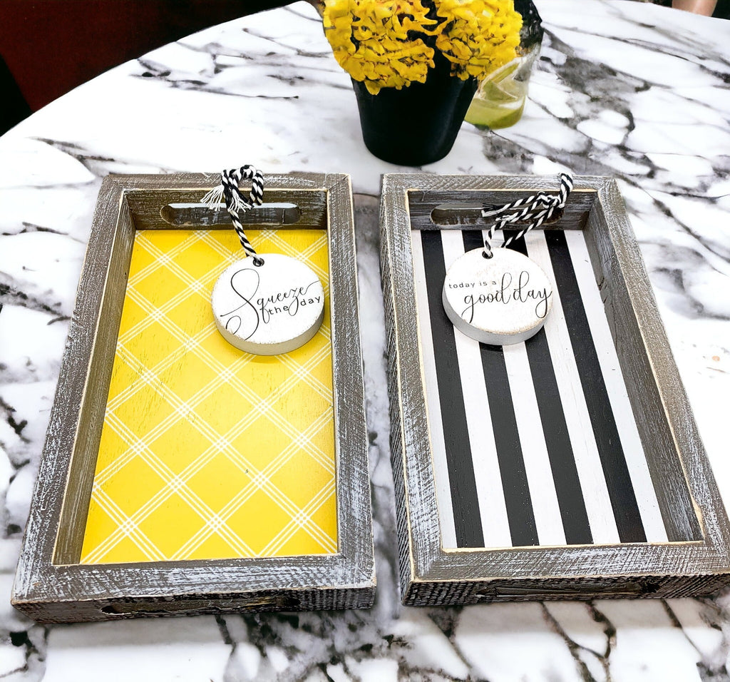 Farmhouse Modern Wooden Tray Black White Striped Decorative Serving Tray 10 x 6 x 1.5 Inch BandsCo Straps