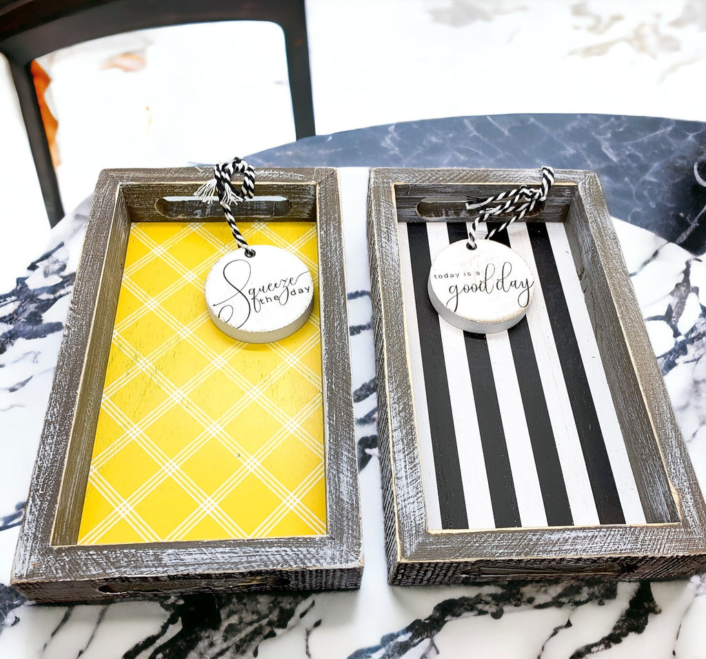 Farmhouse Modern Wooden Tray Black White Striped Decorative Serving Tray 10 x 6 x 1.5 Inch BandsCo Straps
