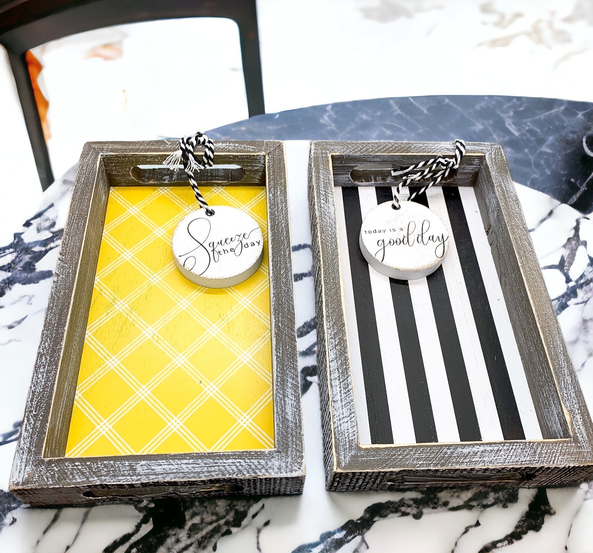 Farmhouse Modern Wooden Tray Black White Striped Decorative Serving Tray 10 x 6 x 1.5 Inch BandsCo Straps