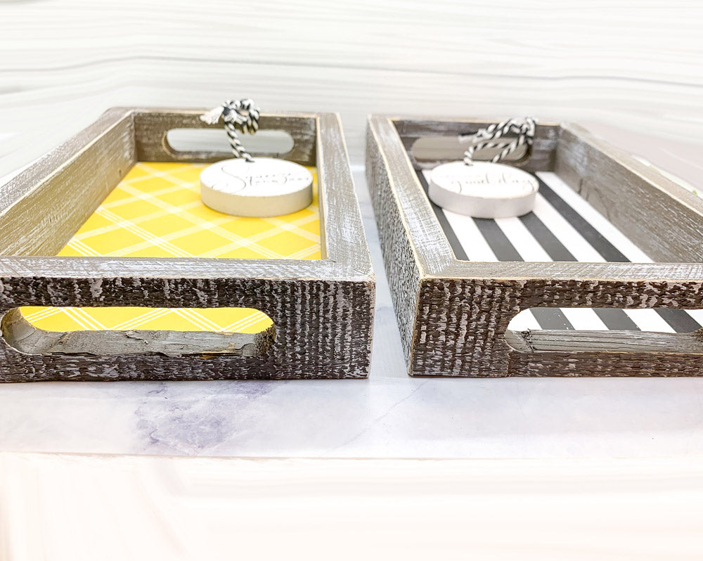 Farmhouse Modern Wooden Tray Black White Striped Decorative Serving Tray 10 x 6 x 1.5 Inch BandsCo Straps