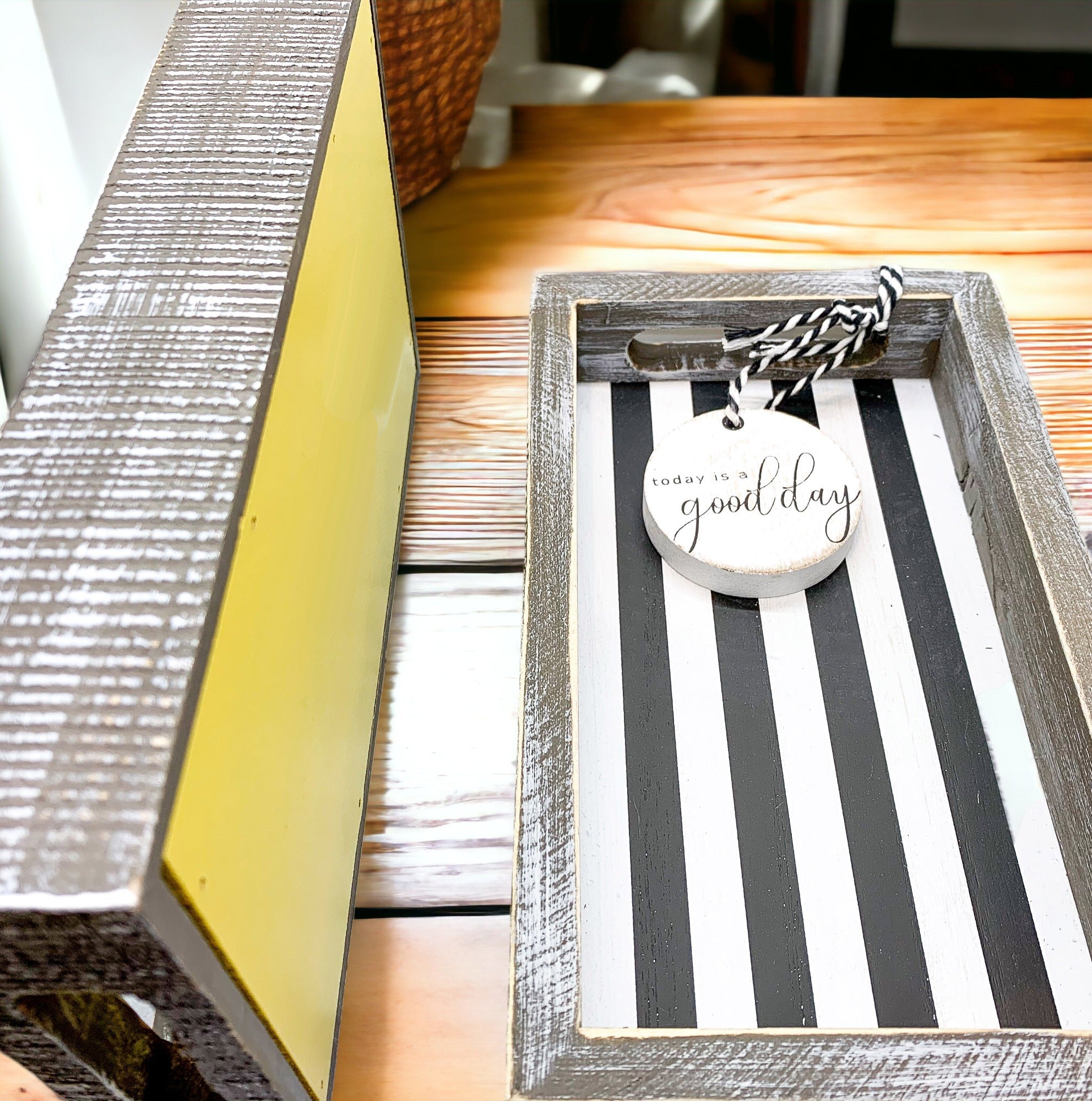 Farmhouse Modern Wooden Tray Black White Striped Decorative Serving Tray 10 x 6 x 1.5 Inch BandsCo Straps