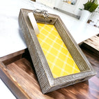 Handmade Wooden Serving Tray Yellow Striped Interior With Double Sided Lemon Ornament