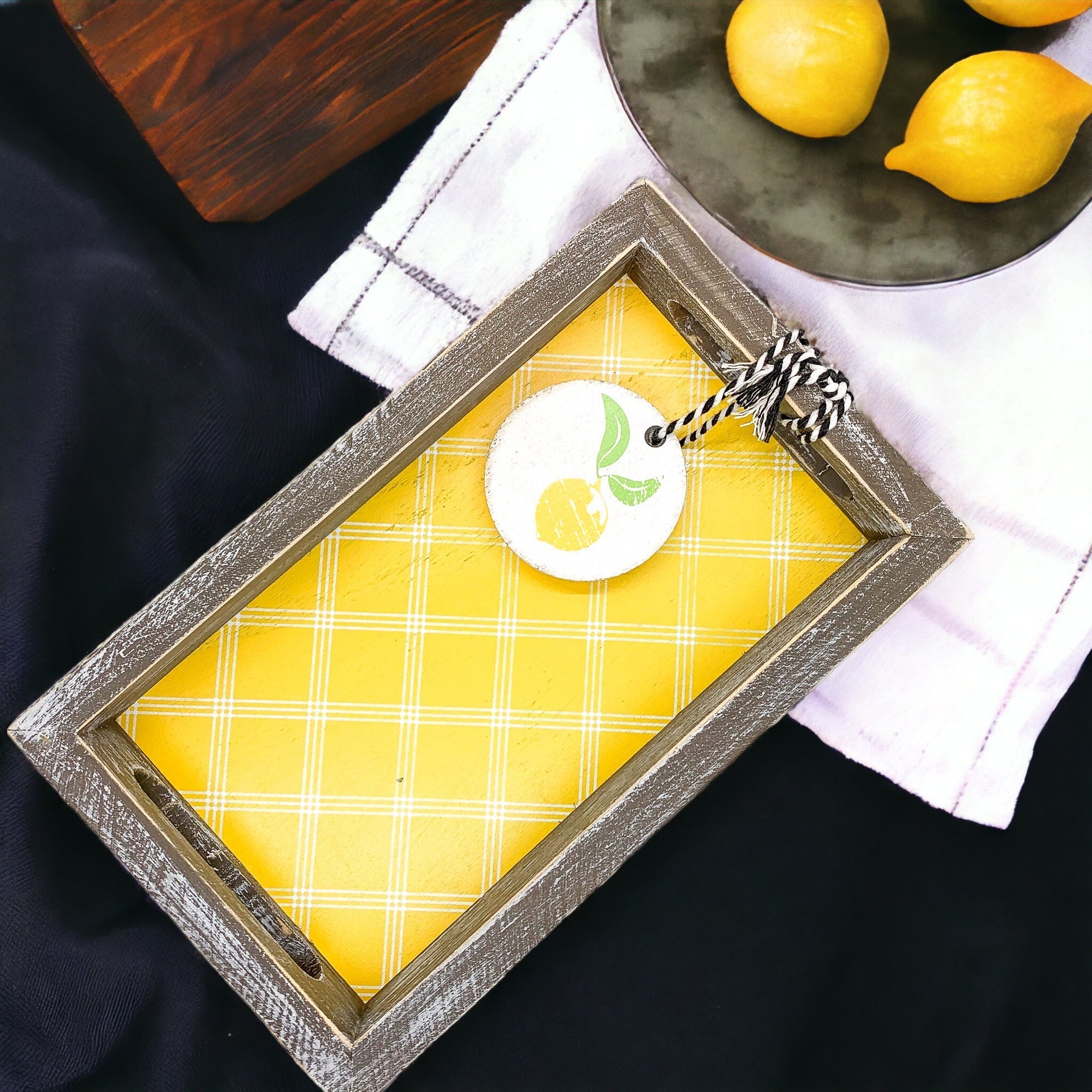 Handmade Wooden Serving Tray Yellow Striped Interior With Double Sided Lemon Ornament