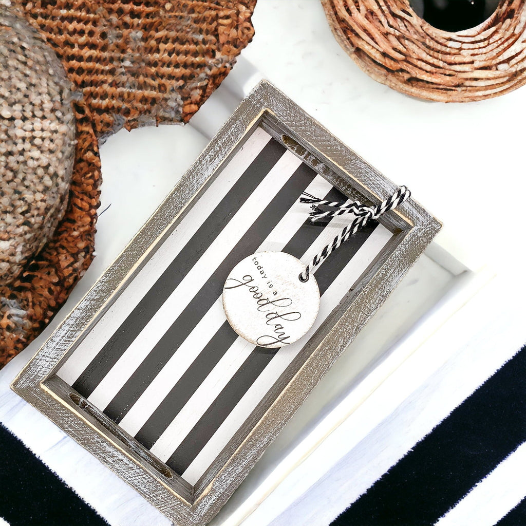 Farmhouse Modern Wooden Tray Black White Striped Decorative Serving Tray 10 x 6 x 1.5 Inch BandsCo Straps