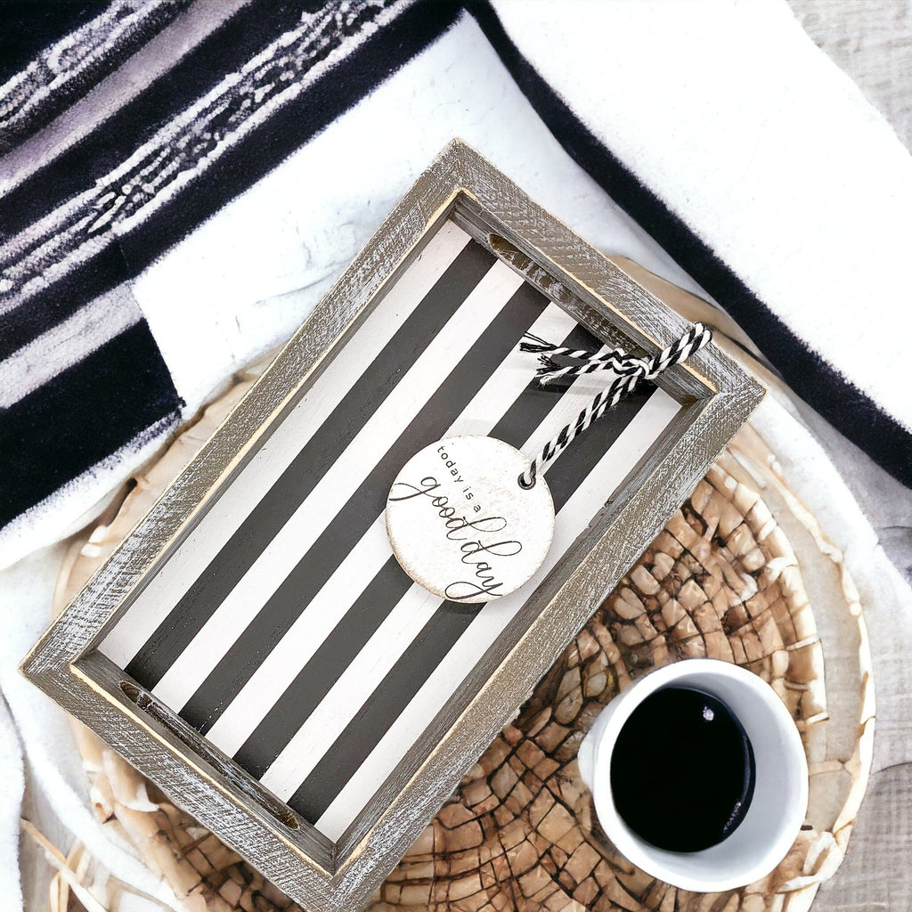 Farmhouse Modern Wooden Tray Black White Striped Decorative Serving Tray 10 x 6 x 1.5 Inch BandsCo Straps
