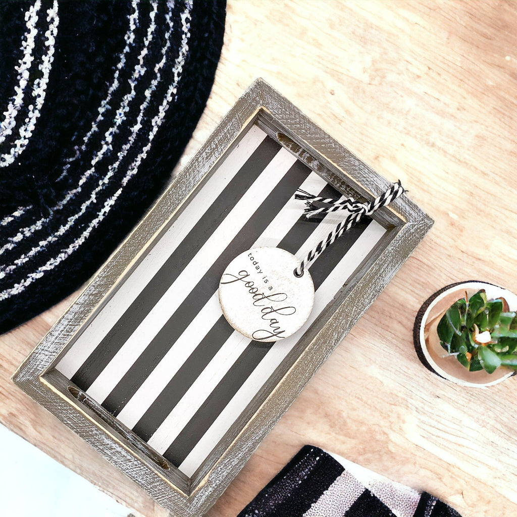 Farmhouse Modern Wooden Tray Black White Striped Decorative Serving Tray 10 x 6 x 1.5 Inch BandsCo Straps