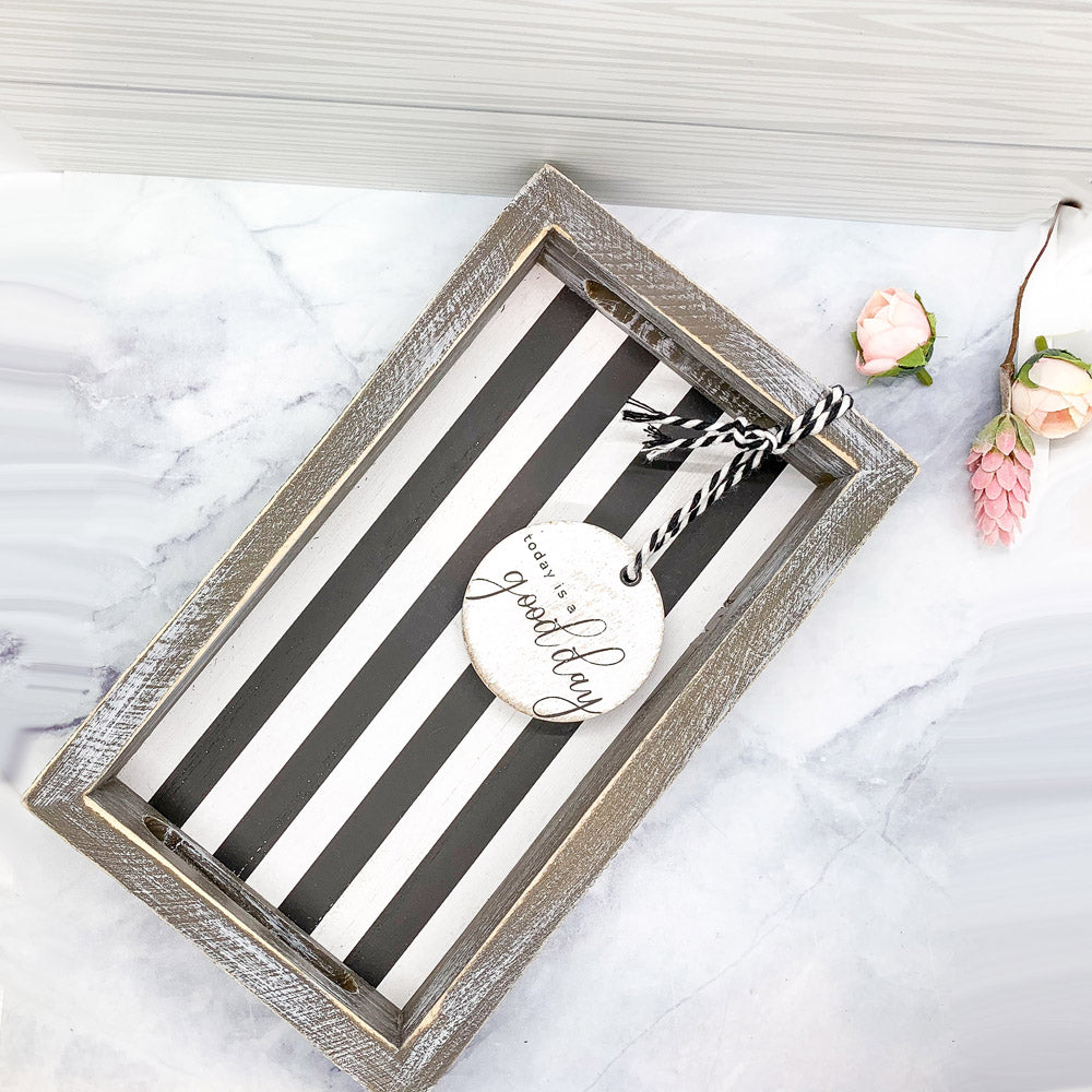 Farmhouse Modern Wooden Tray Black White Striped Decorative Serving Tray 10 x 6 x 1.5 Inch BandsCo Straps