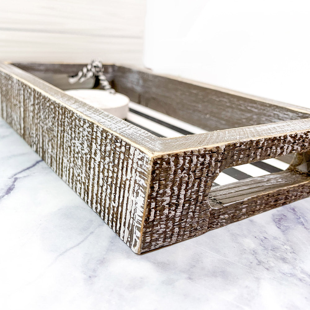 Farmhouse Modern Wooden Tray Black White Striped Decorative Serving Tray 10 x 6 x 1.5 Inch BandsCo Straps
