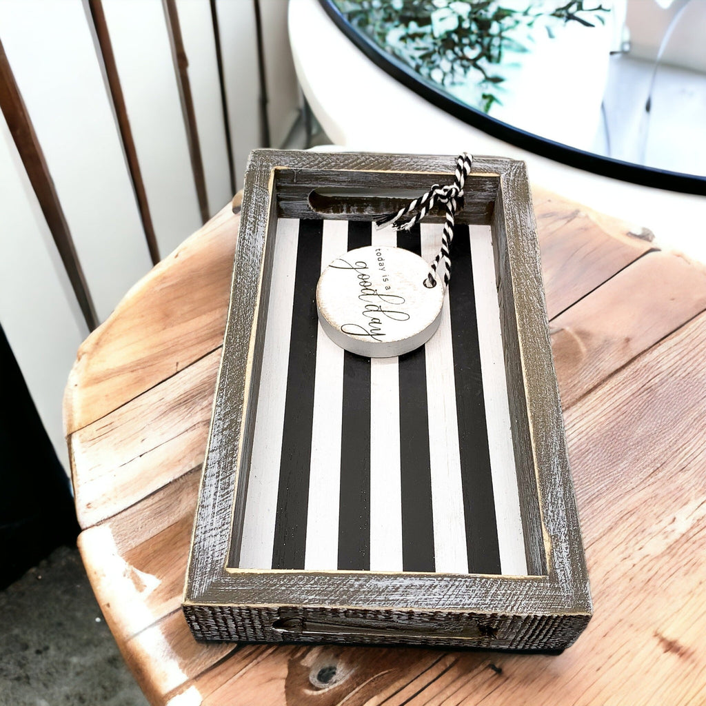 Farmhouse Modern Wooden Tray Black White Striped Decorative Serving Tray 10 x 6 x 1.5 Inch BandsCo Straps