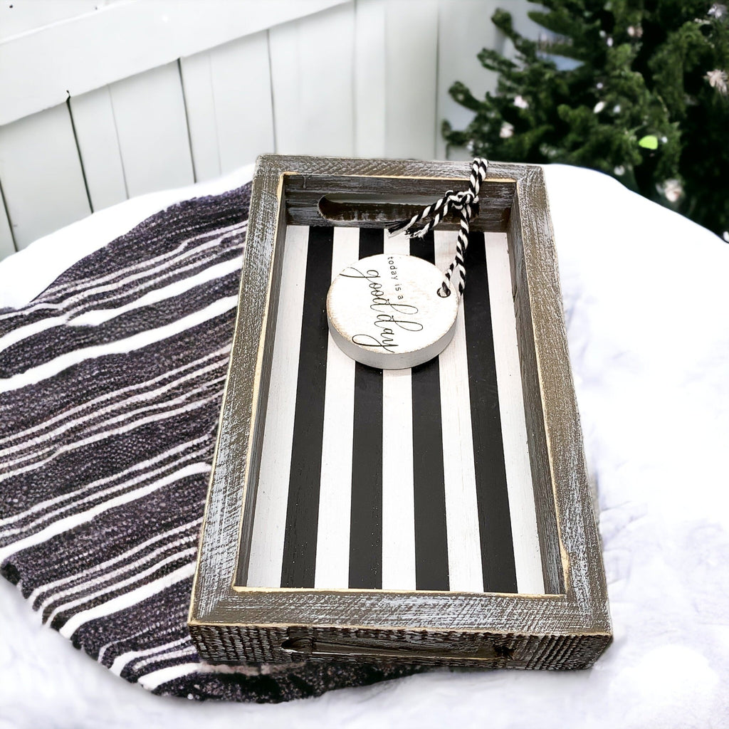 Farmhouse Modern Wooden Tray Black White Striped Decorative Serving Tray 10 x 6 x 1.5 Inch BandsCo Straps