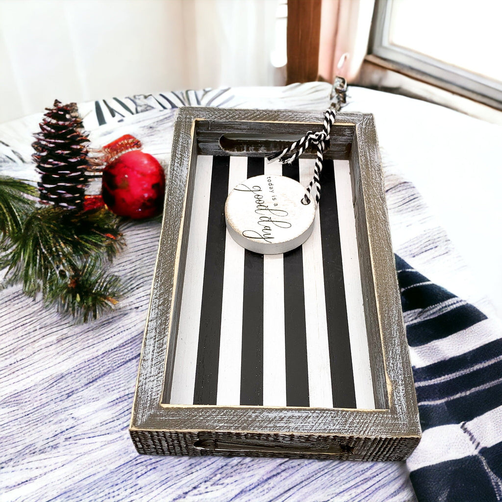Farmhouse Modern Wooden Tray Black White Striped Decorative Serving Tray 10 x 6 x 1.5 Inch BandsCo Straps